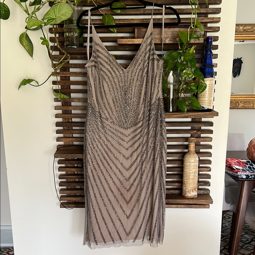 Adrianna Papell Brown Gray Sheath Dress Sleeveless Plunge